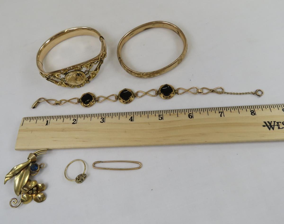 3 Antique Gold Filled Bracelets, pin & ring
