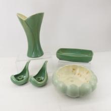 5 Pieces Green Red Wing Art Pottery