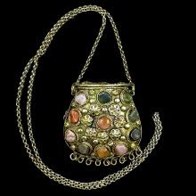 Antique white metal coin hinged purse necklace