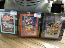 Lot of 3 Framed with Glass Car Art - Hot Rod Heaven, Double Feature , Drive-In
