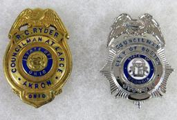 (2) Vintage Councilman Badges- Akron, Ohio/ Boston, Georgia