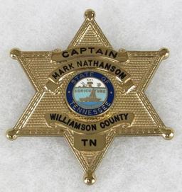 Original Obsolete Police Named Captain Sheriff Badge Williamson County, Tennessee