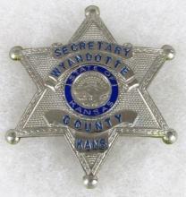 Original Obsolete Police "Secretary" Sheriff's Department Badge Wyandotte County, Kansas