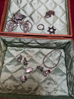 Jewelry box and assorted custom jewelry, pins, keychains, etc. 46 pieces