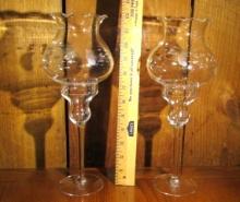 2 Crystal Glass Candle Holders W/ Etched Glass Floral Chimneys
