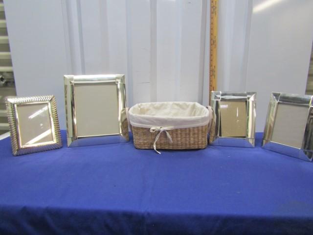 4 Picture Frames W/ Glass And A Lined Basket