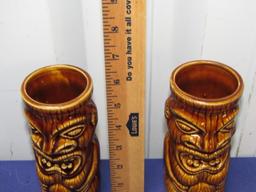 Vtg Matching Pair Of Tiki Stoneware Glasses By Orchids Of Hawaii