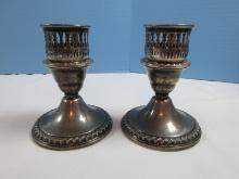 Pair Rogers Sterling Silver #202 Single Light Candlesticks Weighted Reinforced Base Embellished