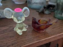 (LR) 2 PC. LOT TO INCLUDE A SM. FENTON YELLOWISH WHITE GLASS MOUSE FIGURINE & A RED/YELLOW GLASS