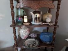 (LR) SHELF LOT OF MISC. CHINA TO INCLUDE UNMARKED HALL POTTERY BLUE TEA/COFFEE POT, BLUE & WHITE FLO