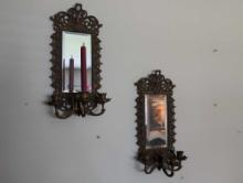 (LR) PAIR OF ORNATE RENAISSANCE REVIVAL CAST IRON BRADLEY AND HUBBARD WALL MIRRORS WITH CANDELABRAS.