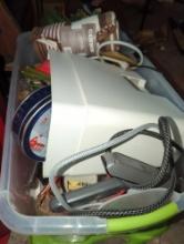 (LR)TOTE LOT OF MISCELLANEOUS ITEMS TO INCLUDE, THROW BLANKET, COOKIE TIN, SURGE PROTECTOR, ETC