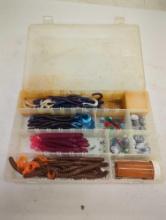 Tackle box and contents including fishing worm lures and fishing weights. Comes as a shown in