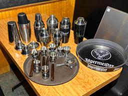Group of Bartenders Supply, Shakers, Jiggers, Tray and More