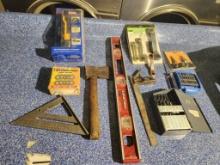 Group of Tools, Drill Bits, Wrenches, Ax, Square, Grinding Wheels and More