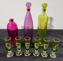 Misc. Colored Glass Decanters and Bottles and Tasting Glasses