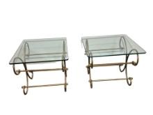 Matched Set of Two, Brass and Glass Heavy Side Tables 26in x 24in x 22in H