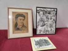 Lot of 3 Vintage Framed Portrait, Photograph & Cardinals Pujols Framed Drawing