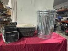 Trash Can, Screen Blower & Rubbermaid Action Packer Storage Box