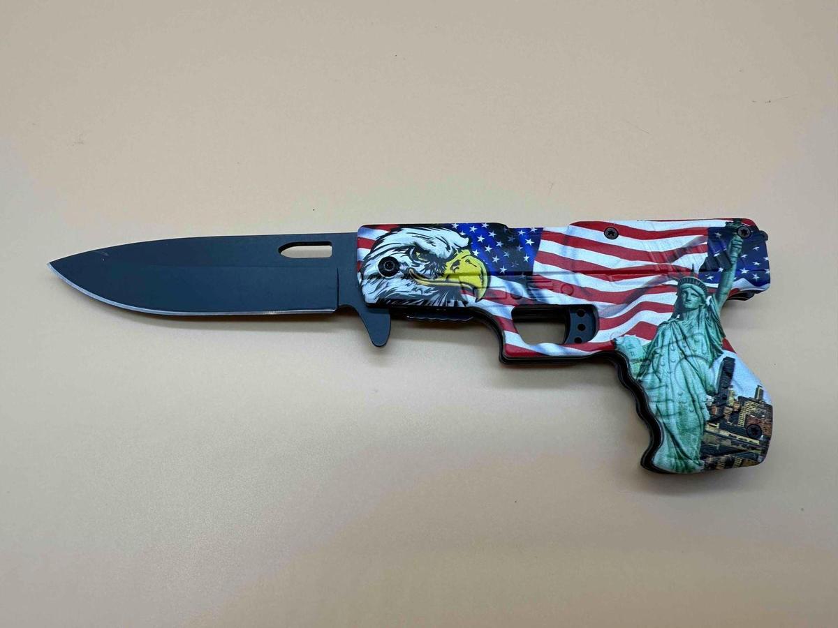 AMERICAN FLAG GUN HANDLE KNIFE 3.5" BLADE