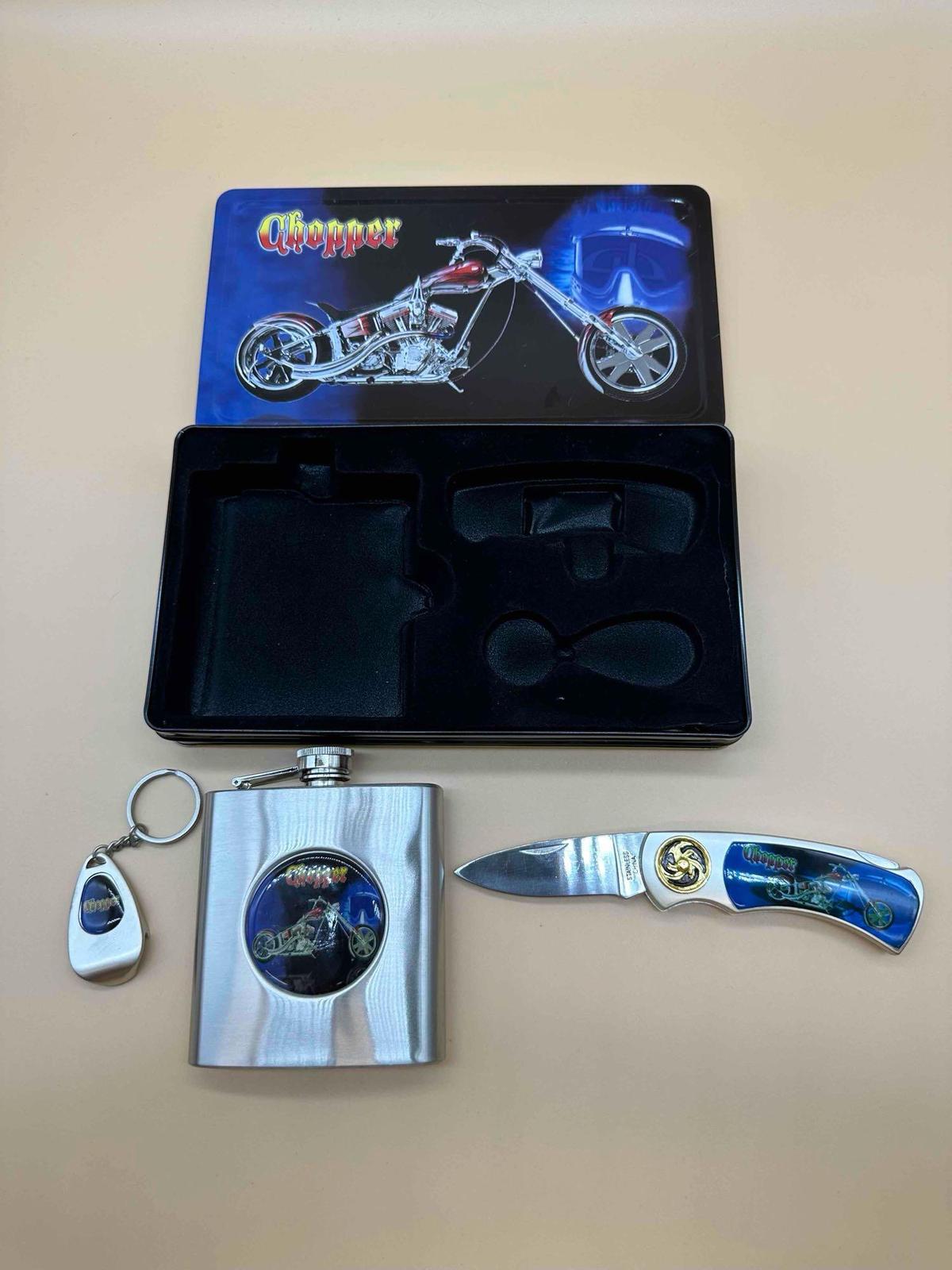 CHOPPER COLLECTOR SET WITH KNIFE, FLASK, AND KEYCHAIN WITH BOTTLE OPENER