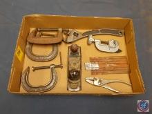Vintage C-Clamps, Pliers, Vintage Crescent S-Wrench, Small File Set, Pipe Cutter, Hand Plane No 220
