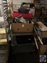 green wire shelves, (3) rolling carts, meat tubs, and produce scale