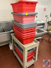 Plastic meat tubs and rolling cart