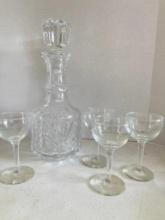 Vintage Glass Decanter and 4 Glasses