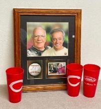 Joe Nuxhall and Marty Brennaman Framed Piece and Plastic Cincinnati Reds Cups