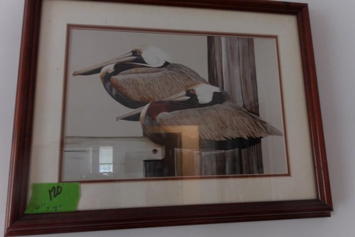 FRAMED UNDER GLASS ART LEMAY PELICANS ON DOCK 14 X 18 INCH
