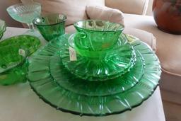 APPROX 20 PC GREEN DEPRESSION GLASS INCLUDING PITCHER AND COVERED CANDY