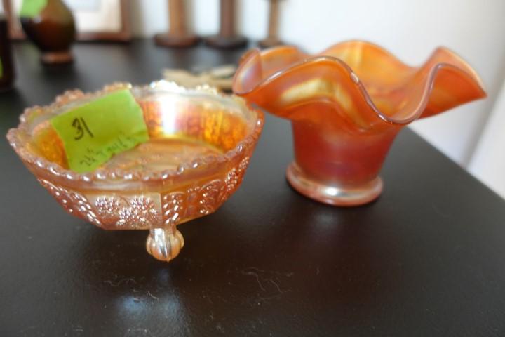 PAIR OF ORANGE CARNIVAL GLASS PCS INCLUDING FLUTED BOWEL AND FOOTED BUTTERF
