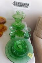 APPROX 20 PC GREEN DEPRESSION GLASS INCLUDING PITCHER AND COVERED CANDY
