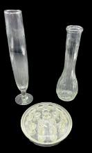 (2) Vintage Glass Bud Vases and (1) Glass Flower