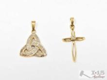 (2) 14K Gold Diamond Celtic & Cross Pendants, 1.75g