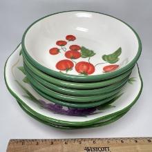 Lot of 7 Hand Painted Fruit & Veggie Themed Bowls with Green Edges by Baby Roma
