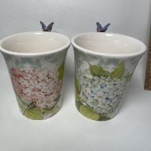 Pair of Hydrangea Mugs with Butterflies on Handles by Cracker Barrel