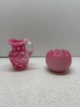 Fenton cranberry opalescent dock Mini pitcher and satin rose bowl