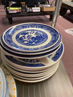 Entire shelf, white dishes tureens blue willow plates and more