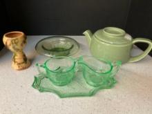Uranium glass cream and sugar with tray pottery vase Hall tea pot