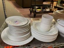 Entire shelf, white dishes tureens blue willow plates and more