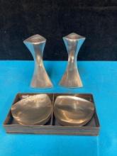 Nambe silver metal candleholders numbered and Steltor Danish stainless steel nut dishes