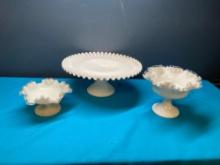 Fenton hobnail ruffled pedestal cake stand and 2 Fenton silver crest ruffled bowls