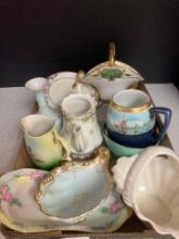 3 flats of porcelain and china vases pitchers tea cups and saucers