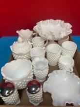 Fenton milk glass salt and pepper, compote, sugar and creamer, cups