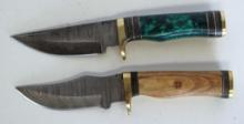 2 Damascus Steel Fixed Blade Knives with Leather Sheaths, 8" Overall - Hand made Damascus steel