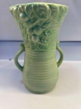 Vintage Pottery Vase In Light Green Ribbed Fruit