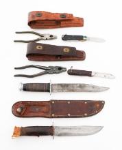 WWII US ARMY FIGHTING KNIVES & LINEMANS POUCHES