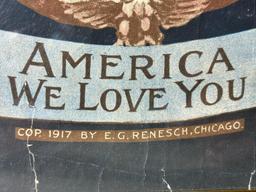 WWI 1917 AMERICA WE LOVE YOU POSTER PRES. WILSON LINCOLN AND WASHINGTON
